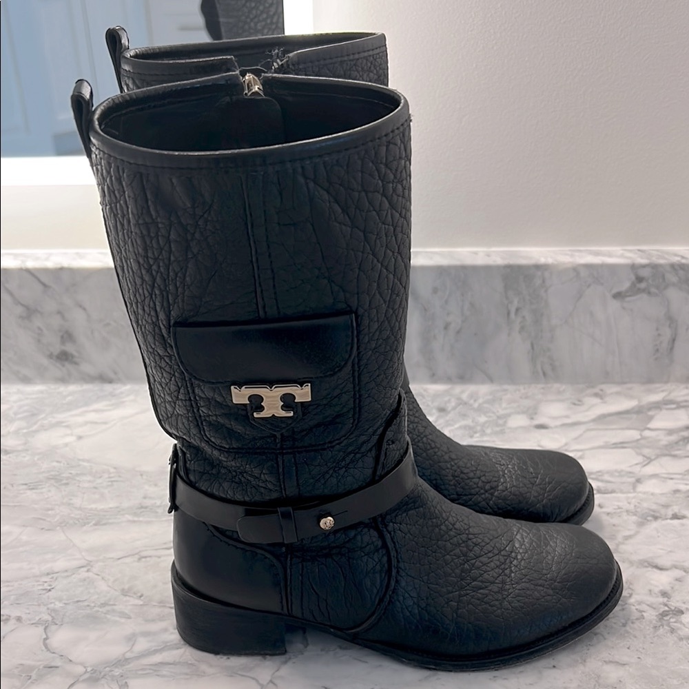Tory Burch Black Textured Leather Boots